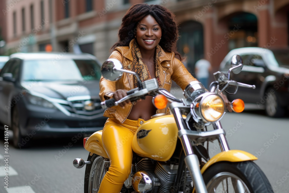 Black afro biker girl in yellow on a motorcycle. Generative AI.