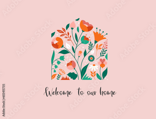 Home illustration with flowers pattern. Home sweet home, family sign, wall print or card