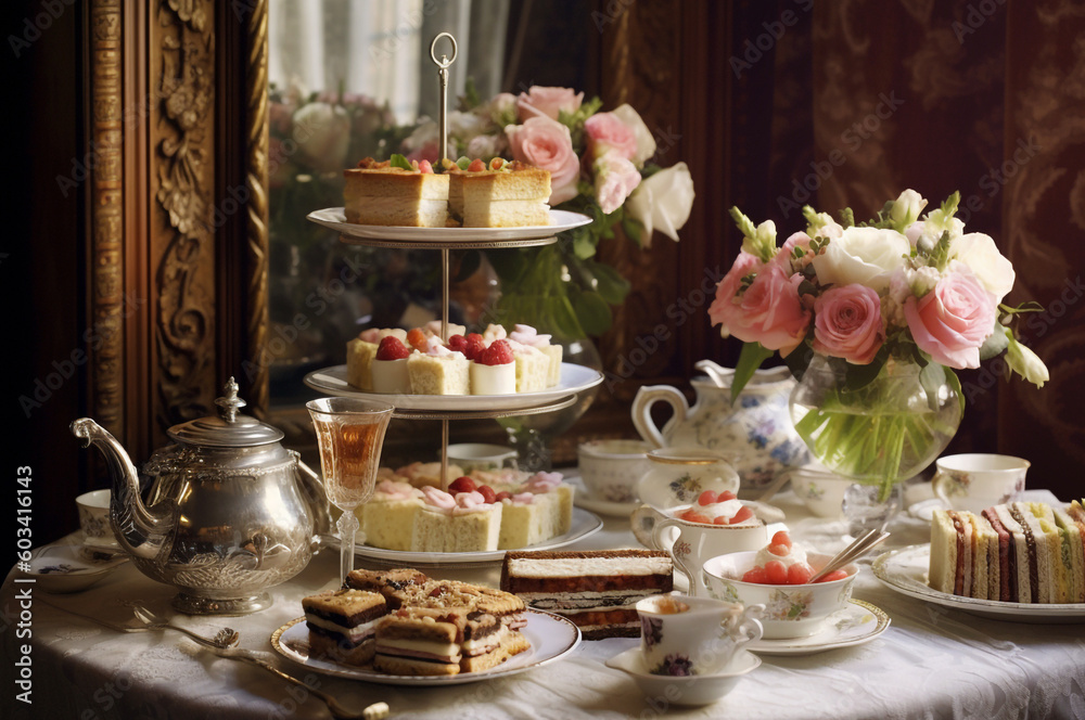 Five o'clock tea interior with cakes and flowers. Generative Ai Five o'clock tea interior with cakes and flowers. Generative Ai