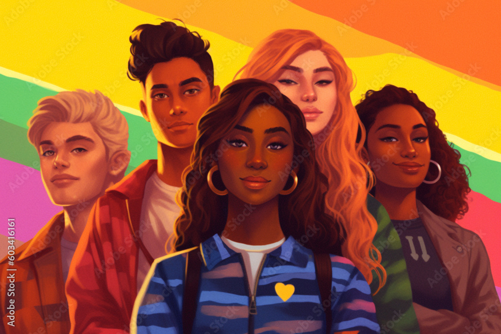 Cartoon illustration of group of LGBTQ+ people. Generative AI Cartoon illustration of group of LGBTQ+ people. Generative AI