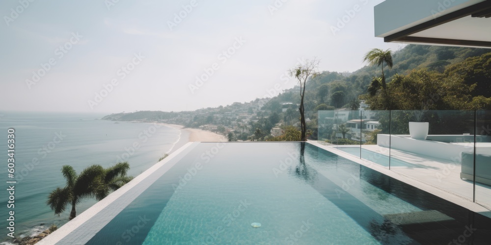 Outdoor tourism landscape. Luxurious beach resort with swimming pool. Summer travel and vacation background concept. Generative AI