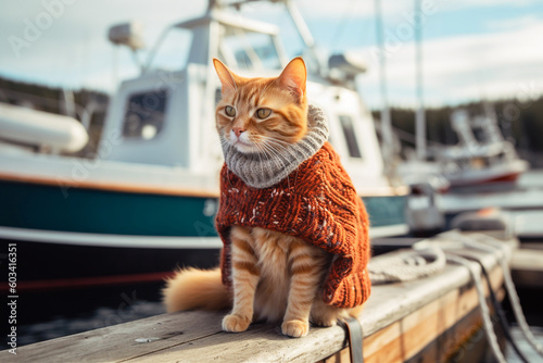 Ginger kitten in chunky knit sweater sitting on a boat. Generative AI