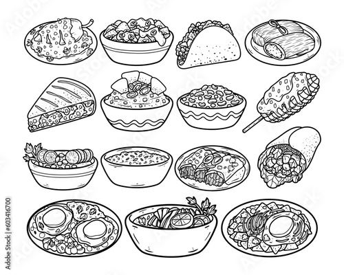 Set of Mexican traditional food hand-drawn outline sketch illustration