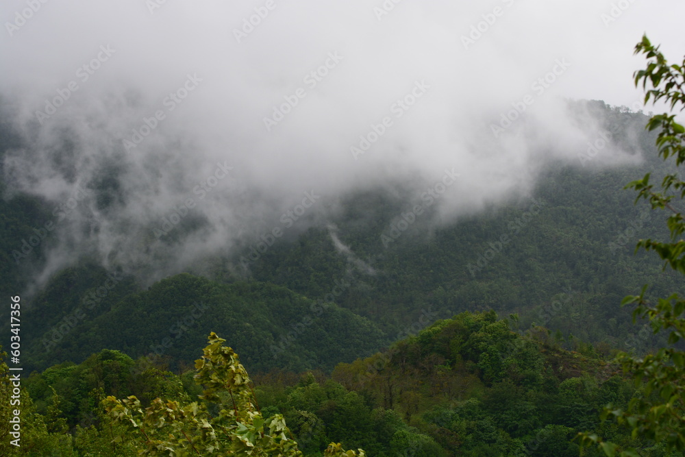 PAESAGGIO MONTANO CON NEBBIA,GIFFONI VALLE PIANA,SUD ITALIA,15 MAGGIO 2023. PAESAGGIO MONTANO CON NEBBIA,GIFFONI VALLE PIANA,SUD ITALIA,15 MAGGIO 2023.