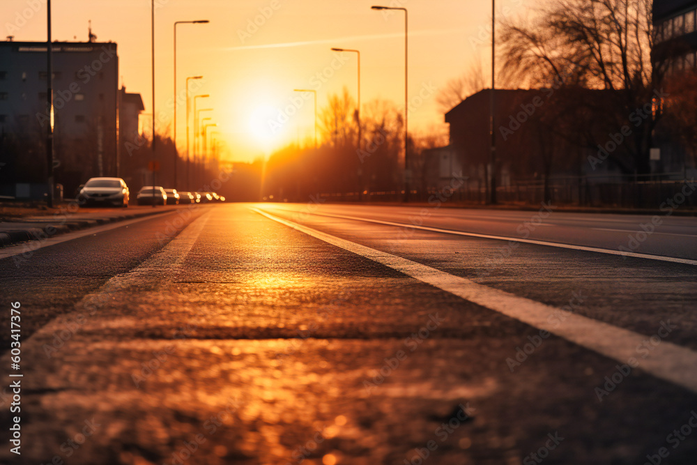 an empty roadway at sunset