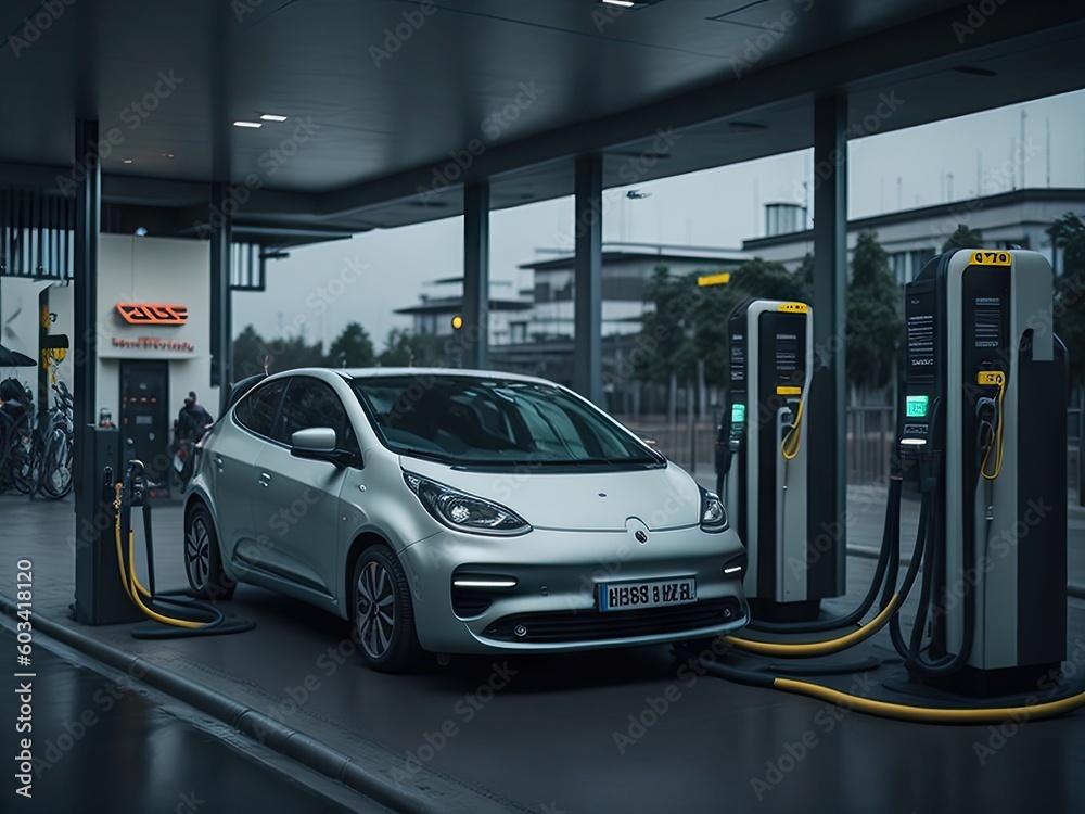 Electric car charging at a gas station. ai generative