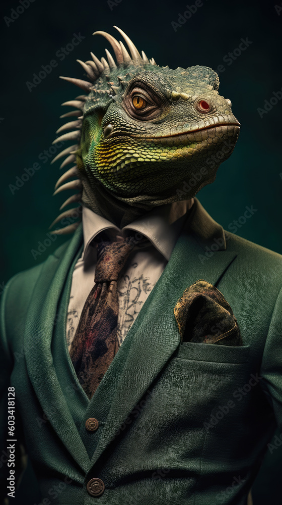 Iguana dressed in an elegant modern suit with a nice tie. Fashion portrait of an anthropomorphic animal, reptile, dragon, shooted in a charismatic human attitude - Generative AI Iguana dressed in an elegant modern suit with a nice tie. Fashion portrait of an anthropomorphic animal, reptile, dragon, shooted in a charismatic human attitude - Generative AI