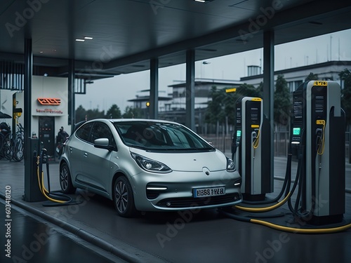 Electric car charging at a gas station. ai generative