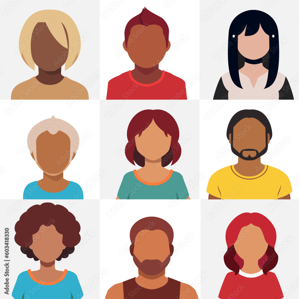 Set of people flat icons with simple faces and hairstyles, different ethnicity, hair style and color, user icons Set of people flat icons with simple faces and hairstyles, different ethnicity, hair style and color, user icons