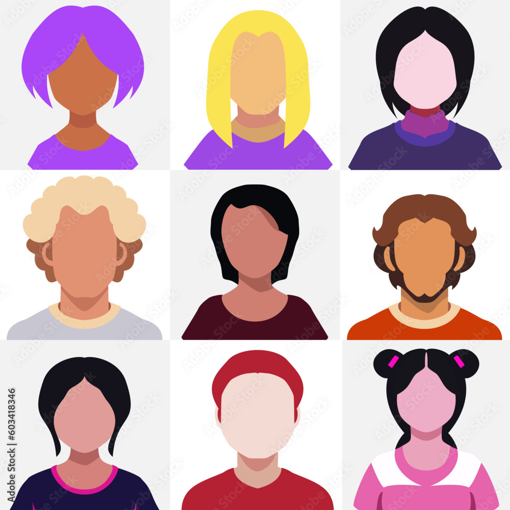 Set of people flat icons with simple faces and hairstyles, different ethnicity, hair style and color, user icons Set of people flat icons with simple faces and hairstyles, different ethnicity, hair style and color, user icons
