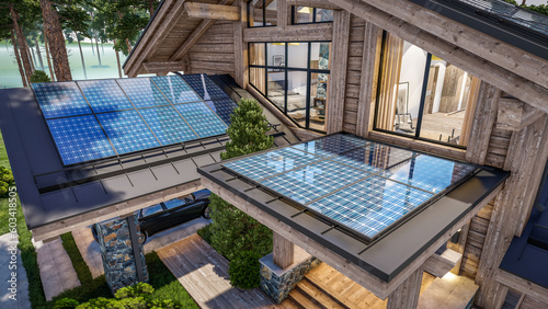 3d rendering of installation Solar panels on the roof of modern cozy chalet with pool and parking for sale or rent. Beautiful forest mountains on background