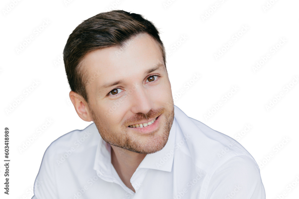 Photo of handsome unshaven male with bristle dressed in elegant white shirt, has charming smile, happy to meet with old friend, isolated over dark wall. People, emotions and lifestyle concept Photo of handsome unshaven male with bristle dressed in elegant white shirt, has charming smile, happy to meet with old friend, isolated over dark wall. People, emotions and lifestyle concept