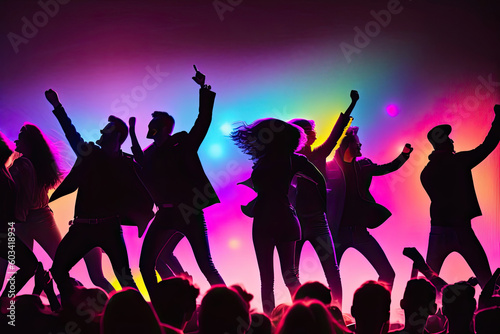 people crowd black silhouettes in a music concert. ia generated illustration