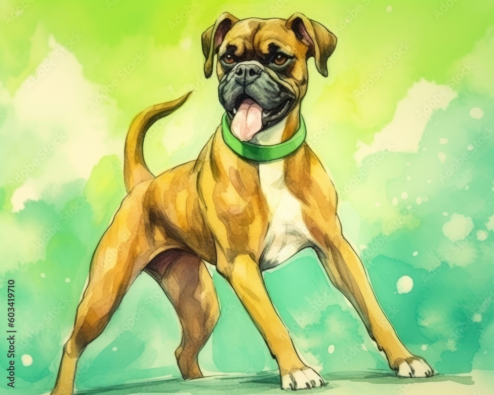 An energetic and playful boxer dog with a powerful and protective nature, set against a pastel green background with text space. (Generative AI)