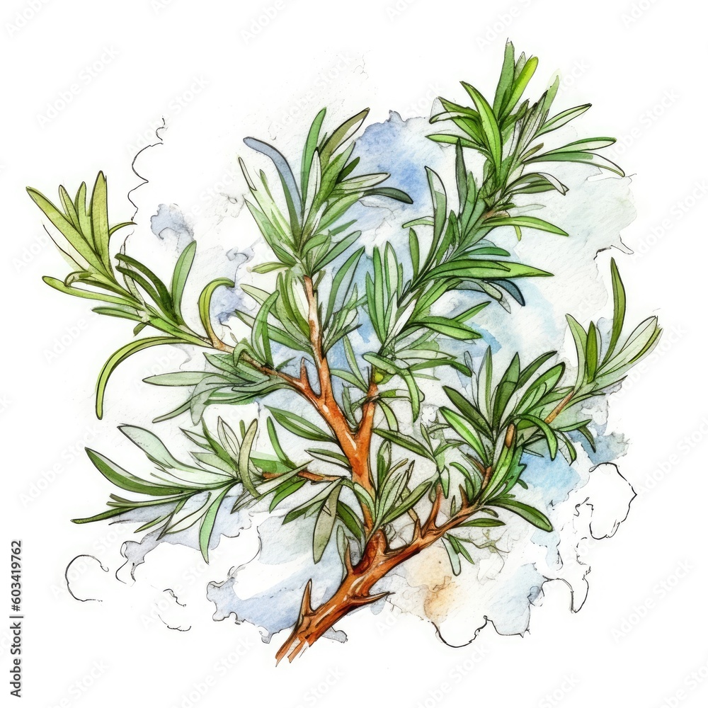 Rosemary in watercolor style with ink outline on white background (generative AI)