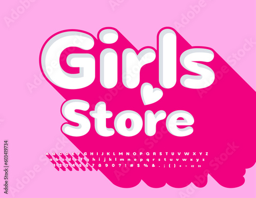 Vector stylish sign Girls Store with decorative Font. Cute White and Pink Font. Alphabet Letters, Numbers and Symbols set with shadow photo