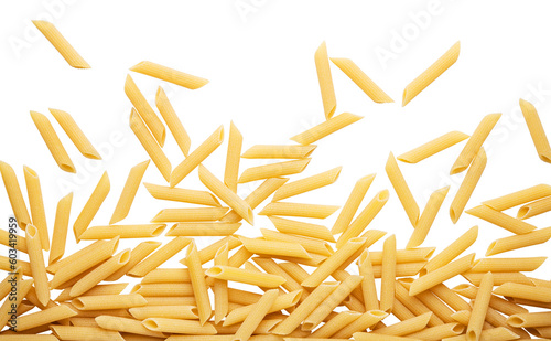 Pasta penne on white background, closeup, flat lay.