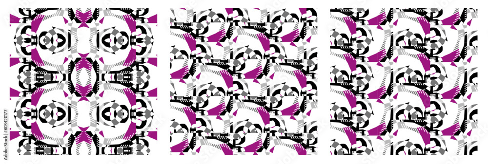 Purple Spice Abstract Geometric Design in Grid Repeat, Half-drop Repeat, and Four-way Repeat, Vector Seamless Repeating Pattern Set