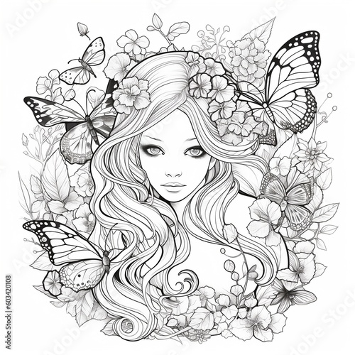 Ink drawing coloring page for children a girl sorounded by butterflies  long hair