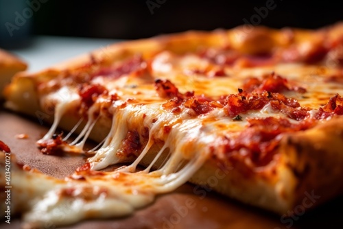 A close-up shot of a slice of pizza with a bite taken out, showcasing the chewy crust, melted cheese, and delicious toppings. Generative AI