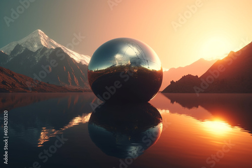 Mysterious chrome sphere flying over earth surface. Retro style sci-fi landscape with mountains and sundown. Reflecting ball surface with copy space. Generative AI