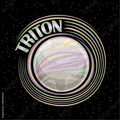 Vector logo for Triton Moon, fantasy print with rotating satellite triton, rock surface with craters and volcanoes, cosmo tag with unique brush letters for green text triton on dark starry background