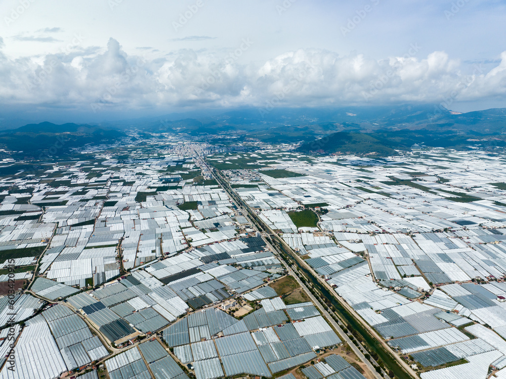 Fototapeta premium A drone-captured snapshot of Kumluca, Antalya's extensive greenhouse structures.