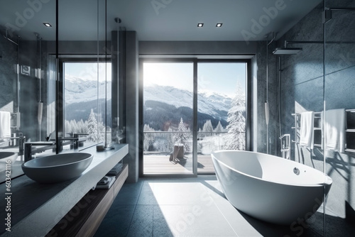 Bright and modern bathroom with large windows offering breathtaking views of the Alps. Generative AI © Ivy