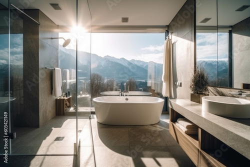 Contemporary and cozy bathroom with expansive panoramic windows showcasing the stunning Alps. Generative AI © Ivy