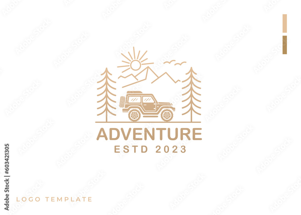 Naklejka premium Offroad car adventure line art in minimalistic design