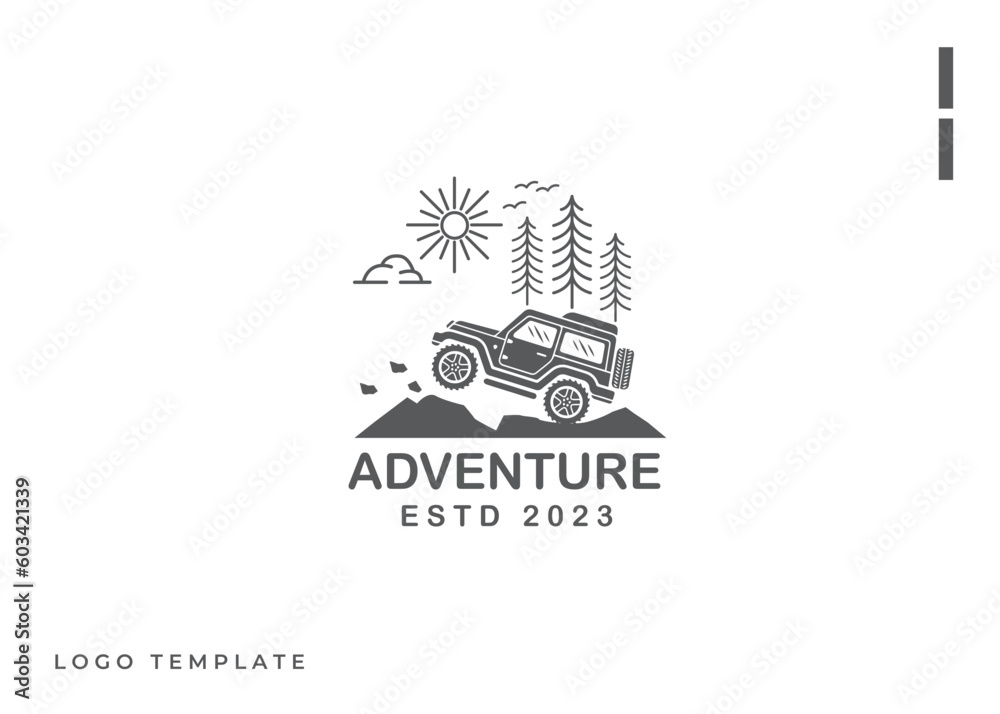 Offroad car adventure black line art in minimalistic design Offroad car adventure black line art in minimalistic design