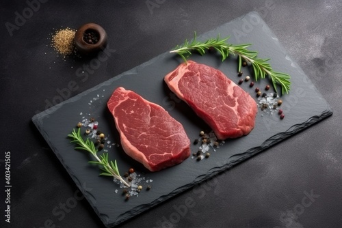 Canvastavla A delicious venison steak seasoned with spices and rosemary served on a black slate, created with AI generative technology