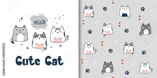 Seamless pattern with cute cats. Vector childish illustration design for kids collection, fabric, wallpaper, wrapping, textile, t-shirt print