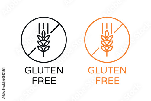 Gluten Free Vector Linear Abstract Icon Design. Round Black and Orange Label with Wheat. No Wheat Symbol for Packaging or Diet Food Sign.