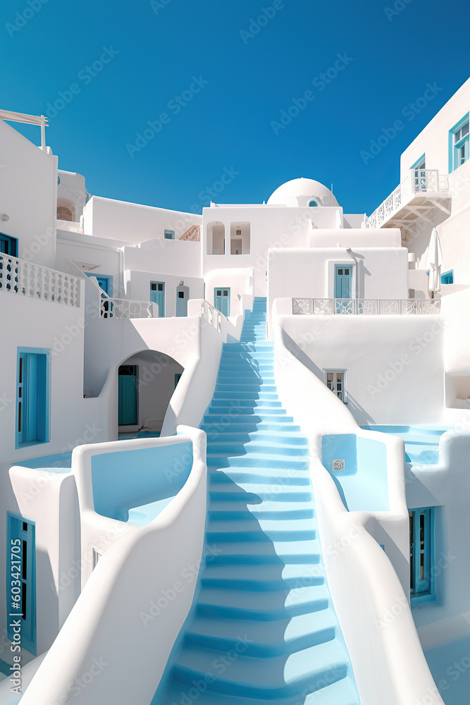 imaginary View of Oia town in Santorini island in Greece -- Greek landscape Generative AI - obrazy, fototapety, plakaty 