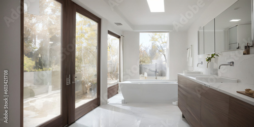 Modern bathroom white with freestanding tub, natural light, white marble. Designer bathroom