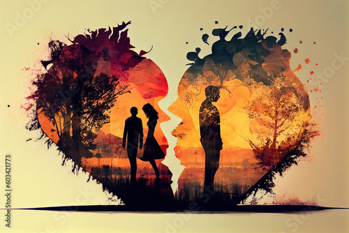 silhouettes of a couple in love and a lonely guy against the background of a broken heart, betrayal, love triangle. Generative AI