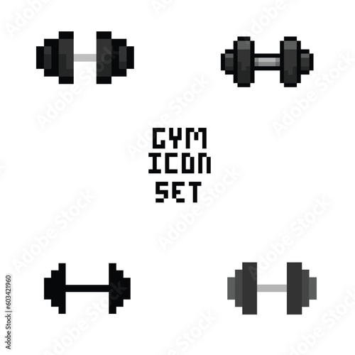 fitness and gym icon pixel art style with black color and white background good for your project and game asset.
