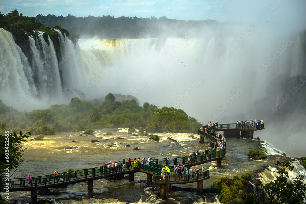 Aerial Panoramic view of iguaçu or iguazu waterfall devil throat brazil and Argentina scenic water fall