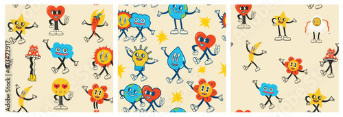 Colorful funny happy face label seamless pattern set. Collection of trendy retro sticker cartoon backgrounds. Weird comic character art wallpaper