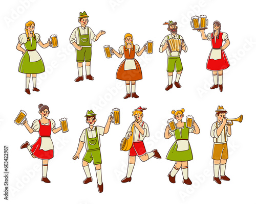 Set of People celebrating Oktoberfest hand-drawn illustration