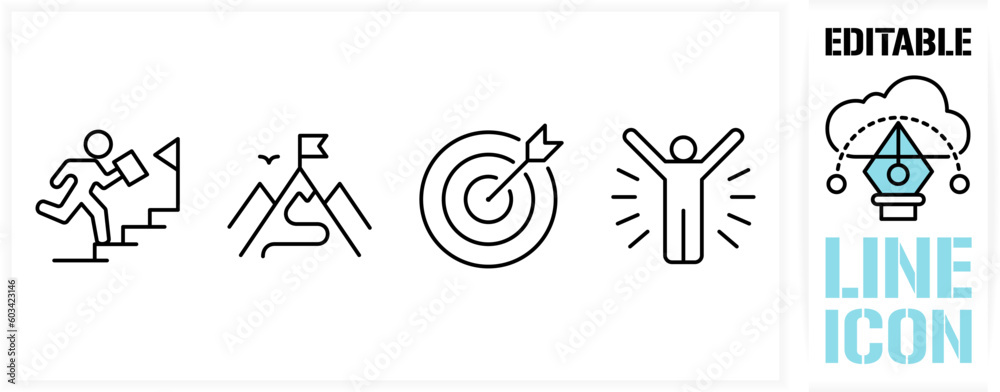 Editable line icon set in a black simple and clean vector outline stroke for business strategy and strategic focus for business and work goals for a corporate mission or target on a white background
 - obrazy, fototapety, plakaty 