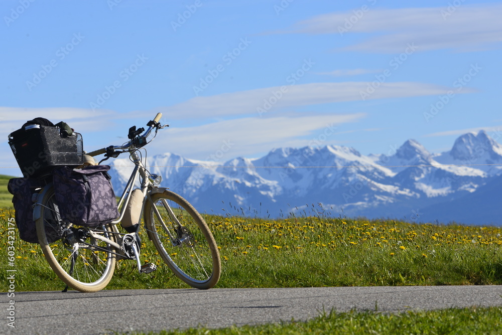 bike on the front of Swiss alps