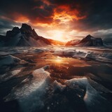 Fantastic winter landscape. Dramatic sunset over snowy mountains. Generated AI