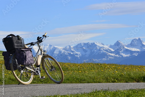 bike on the front of Swiss alps