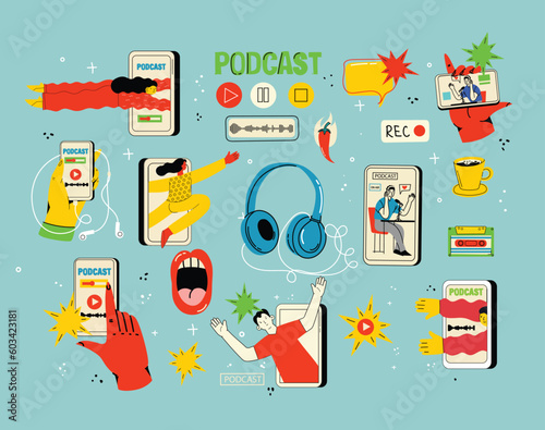 Concept of watching video online, podcast, talk show, tv application, live streaming. Hand holding smartphone with man with microphone on screen. Vector illustration in flat style