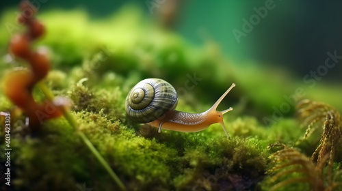 Snail on Wet Moss - Macro Photography, Generative AI Technology