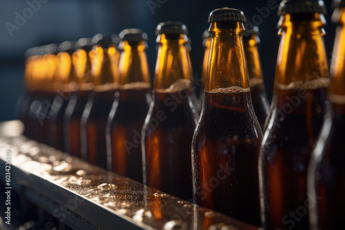 bottles of beer glisten in a row on a production line