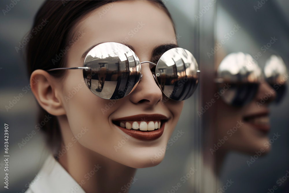 Generative AI illustration of a portrait of a beautiful young woman smiling and wearing a set of futuristic sunglasses on blurred background with her shadow Generative AI illustration of a portrait of a beautiful young woman smiling and wearing a set of futuristic sunglasses on blurred background with her shadow