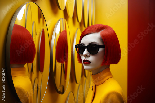Generative AI illustration of A beautiful pensive young woman in yellow clothes with red hair wearing a set of futuristic sunglasses on yellow background with mirrors photo